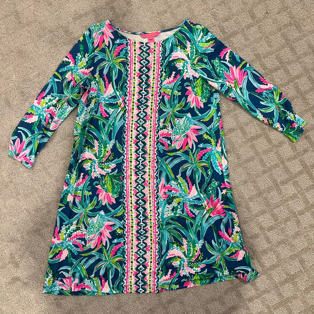Floral Tropical Shift Dress in Navy and Pink
